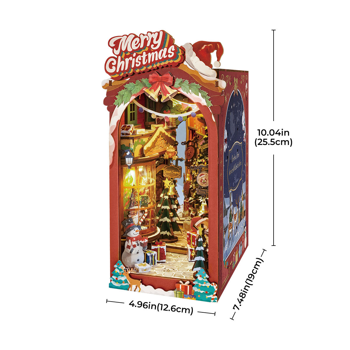 Rolife Christmas Street book nook shown with height and base measurements on white.