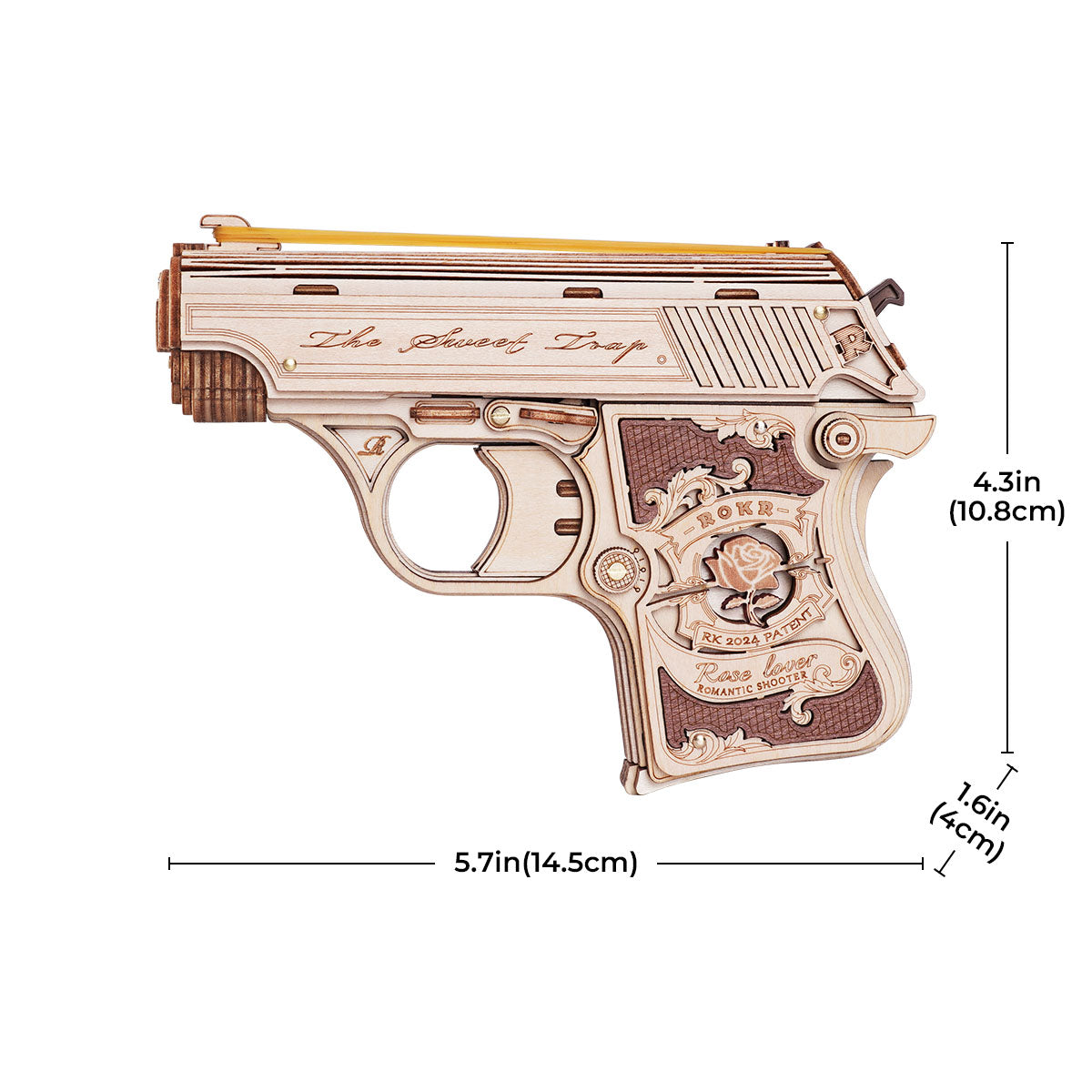 ROKR wooden mini gun puzzle model with size measurements shown on a white background.