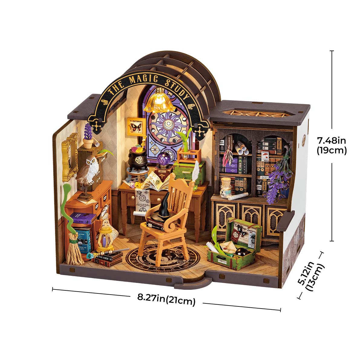 Rolife Magic Study miniature diagram shows an arched study scene with size measurements.