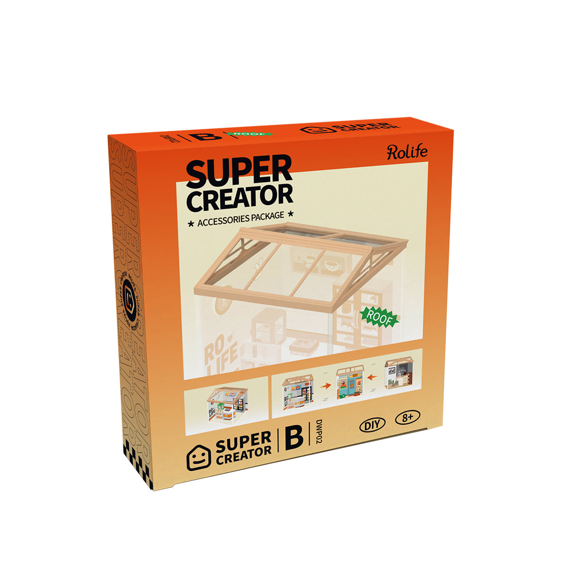 Rolife Super Creator roof and dust proof door kit box shows the wood frame accessory parts.