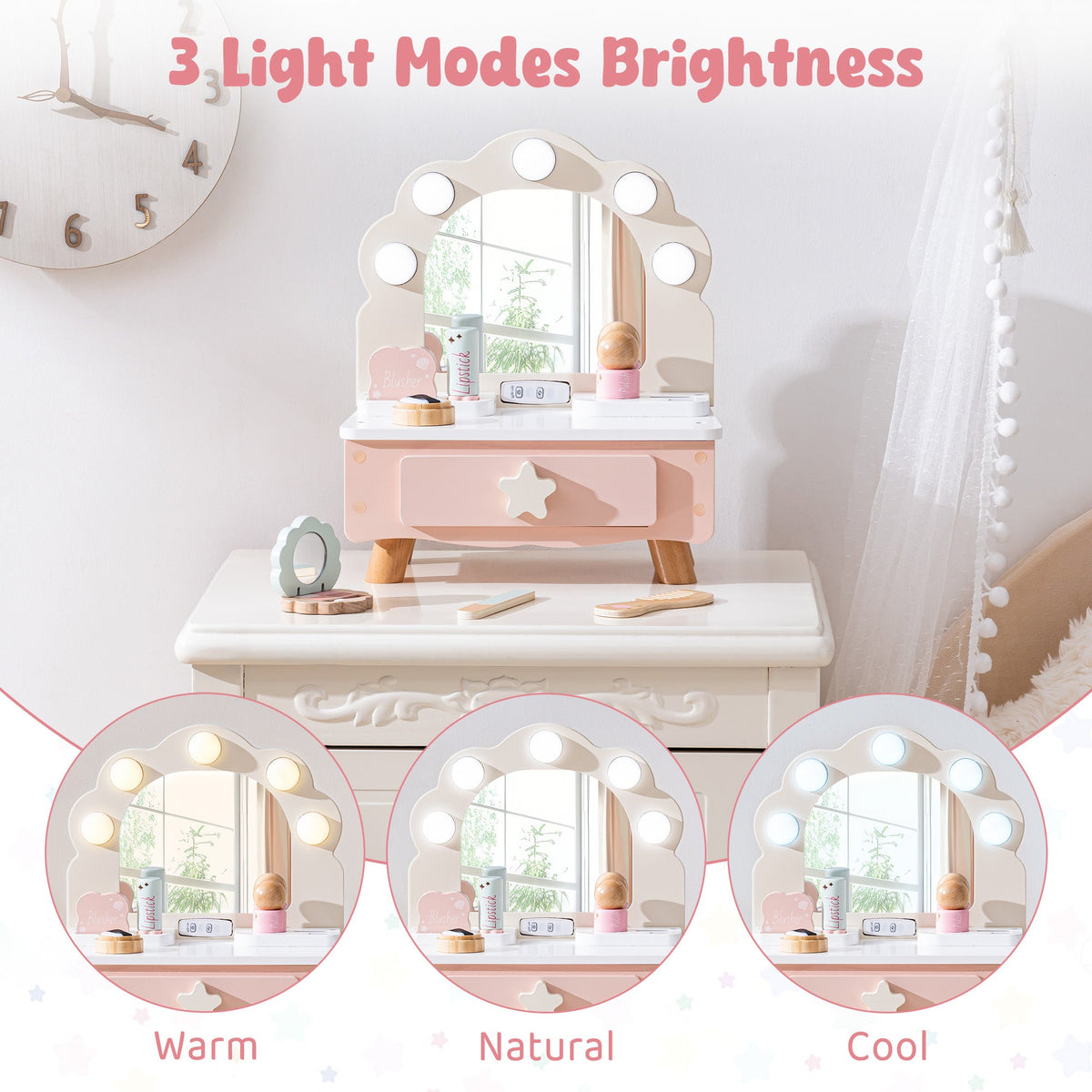 ROBUD pink tabletop wooden vanity showing three mirror light modes side by side: warm, natural, and cool brightness.