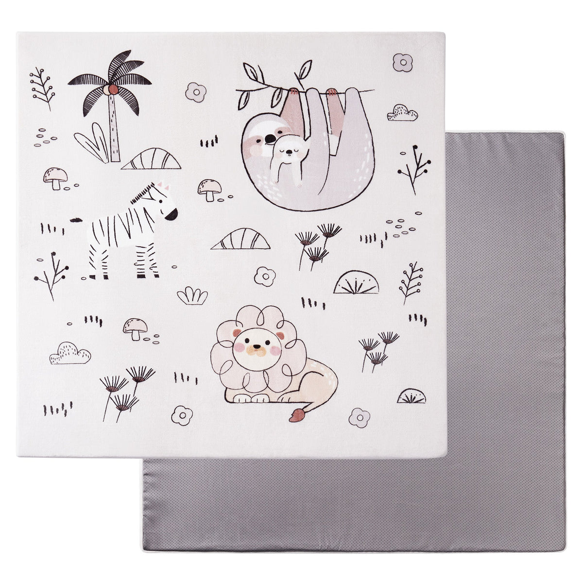 ROBUD baby play mat main product view showing white foam mat with sloth, zebra and cute lion safari illustration, corner folded to reveal grey anti-slip backing, white background