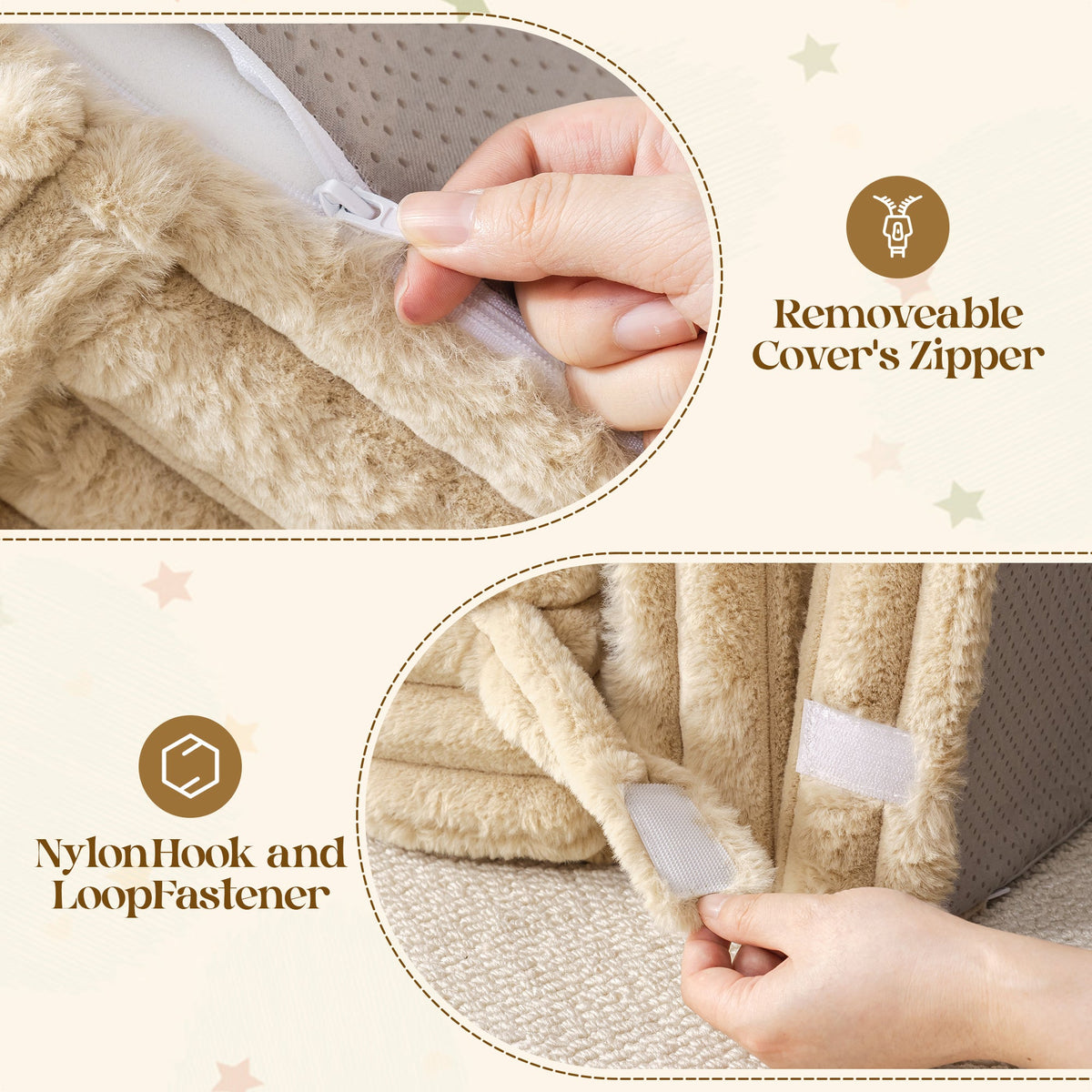 ROBUD Children's Sofa close-up of removable cover zipper and nylon hook-and-loop fastener on beige ribbed fabric cushion