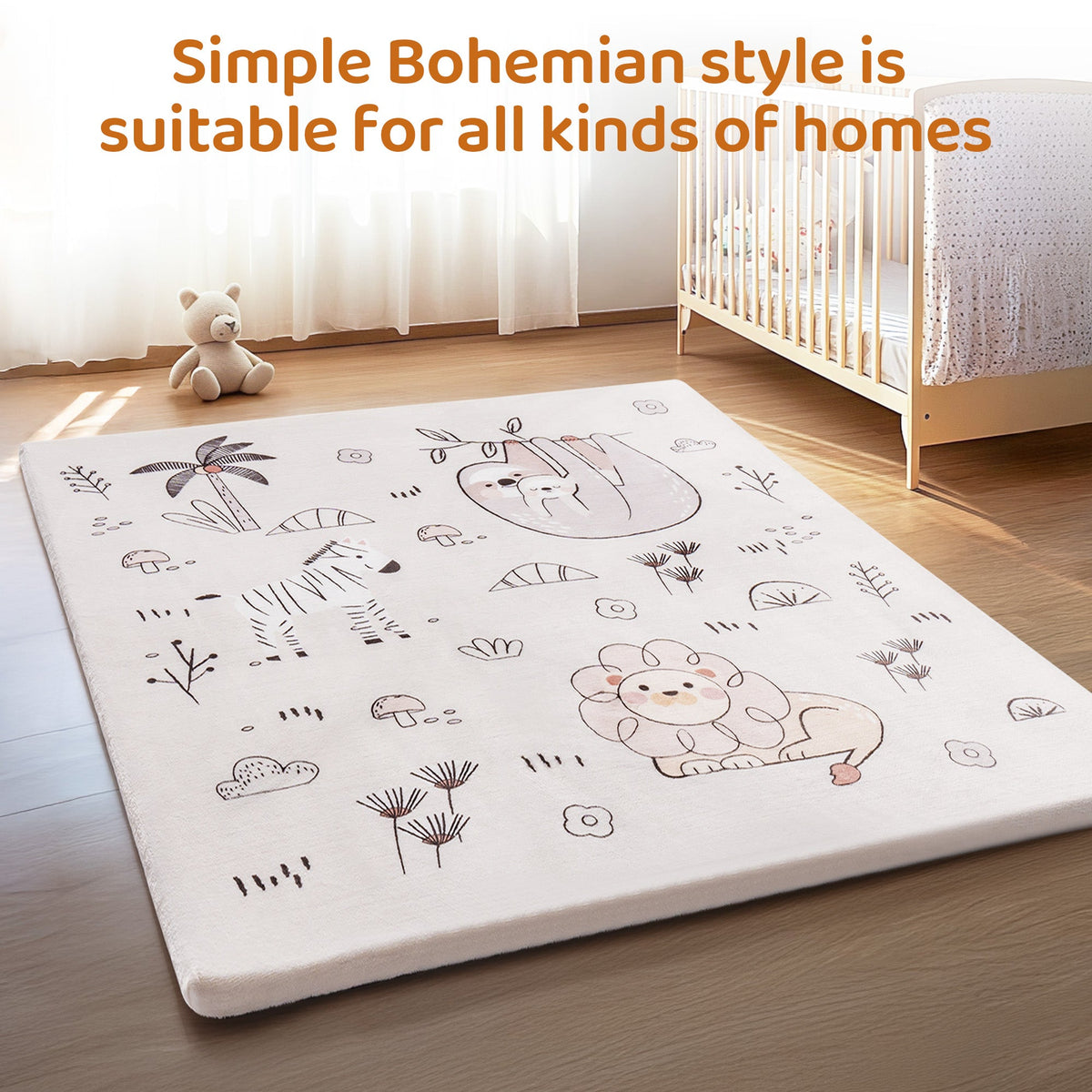 ROBUD baby play mat with bohemian safari animal design in a nursery room beside a white crib, zoomed text overlay indicating simple bohemian style suits all home interiors