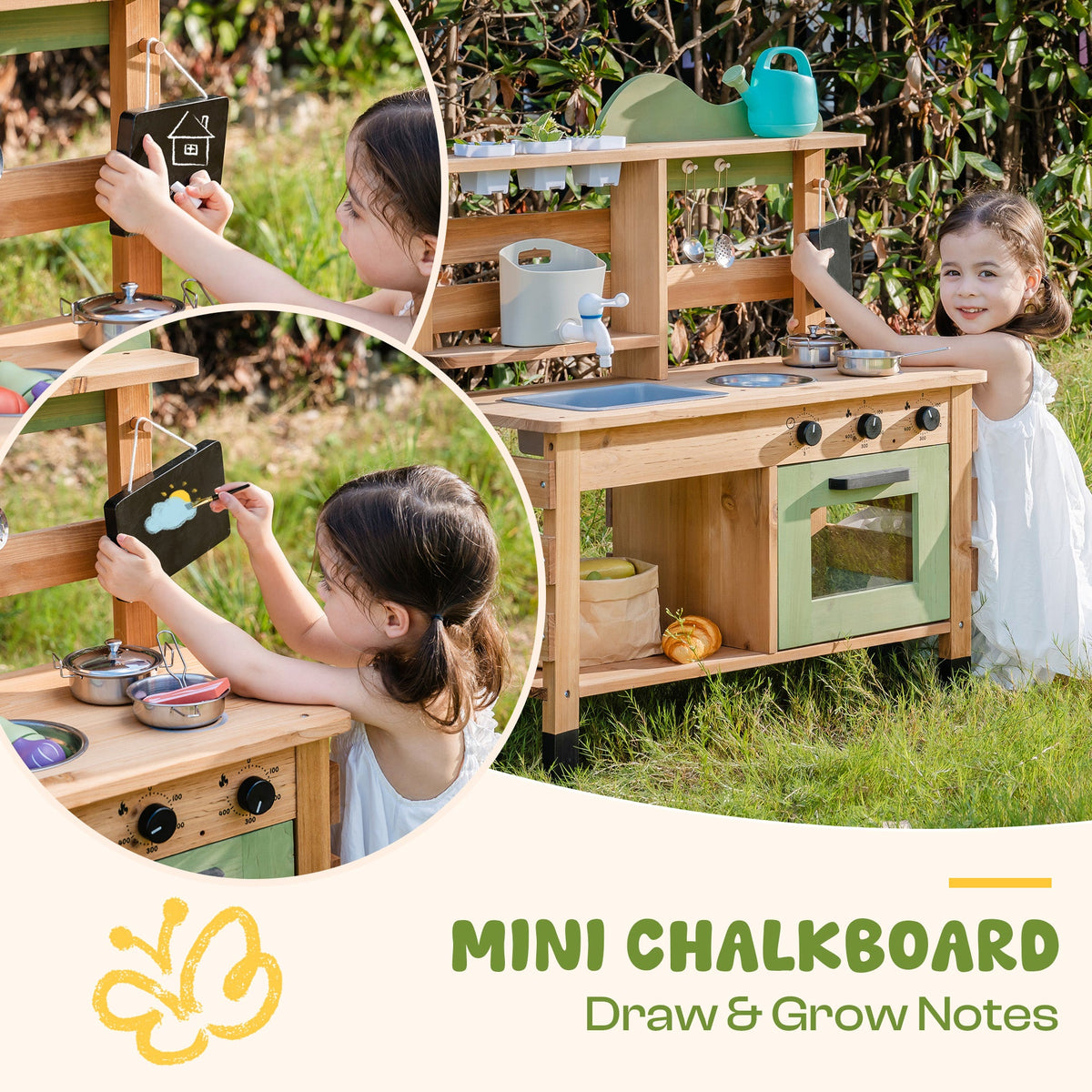 ROBUD Outdoor Mud Play Kitchen mini chalkboard draw and grow notes feature with two girls playing at the full honey and sage green outdoor kitchen station