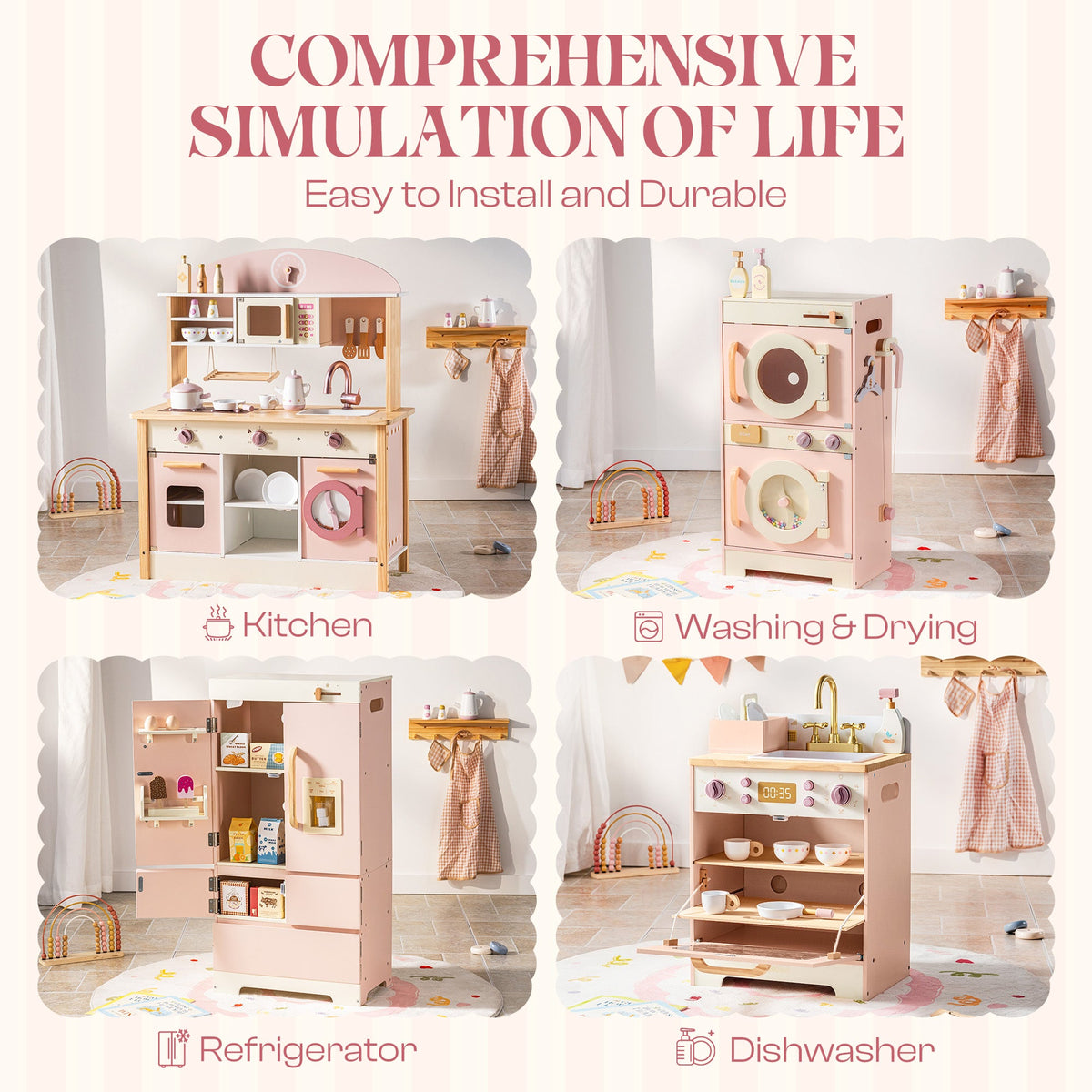 ROBUD Pink Wooden Kitchen PlaySet comprehensive life simulation card showing kitchen, washing, refrigerator and dishwasher