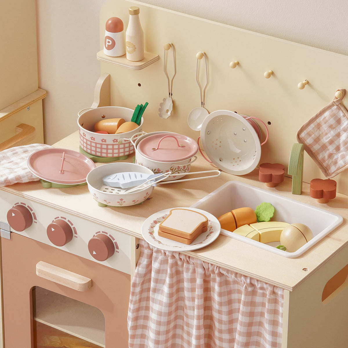 ROBUD Tinplate Pretend Cooking Utensils cream series complete flat lay from above showing all pieces including colander, pots, plate and frying pan