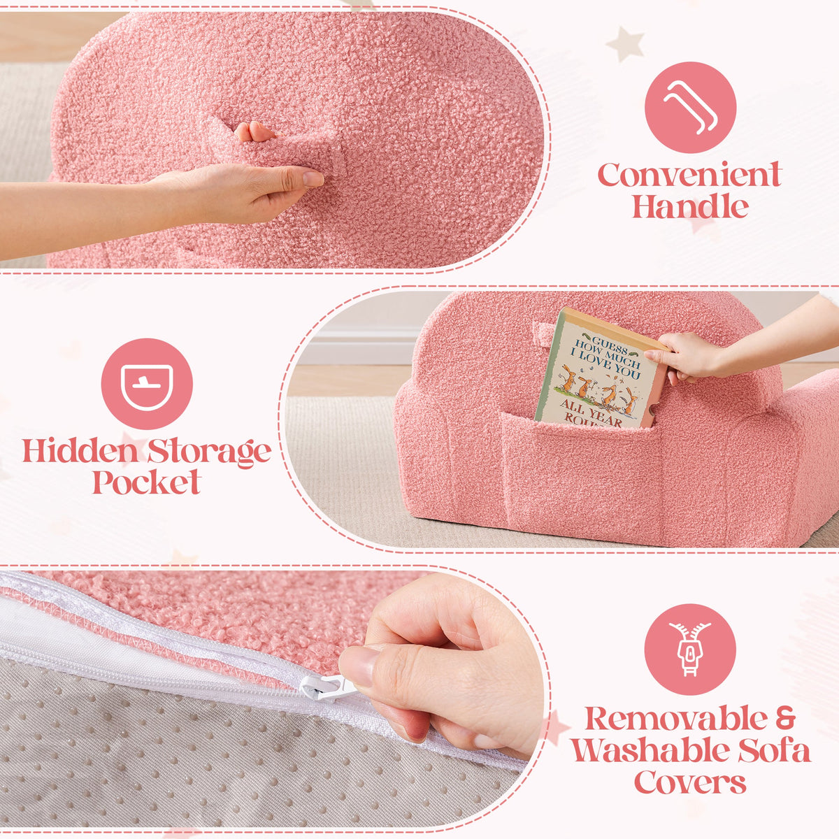 Detail shots of the ROBUD pink kids sofa showing the carry handle, hidden side storage pocket, and removable washable cover.