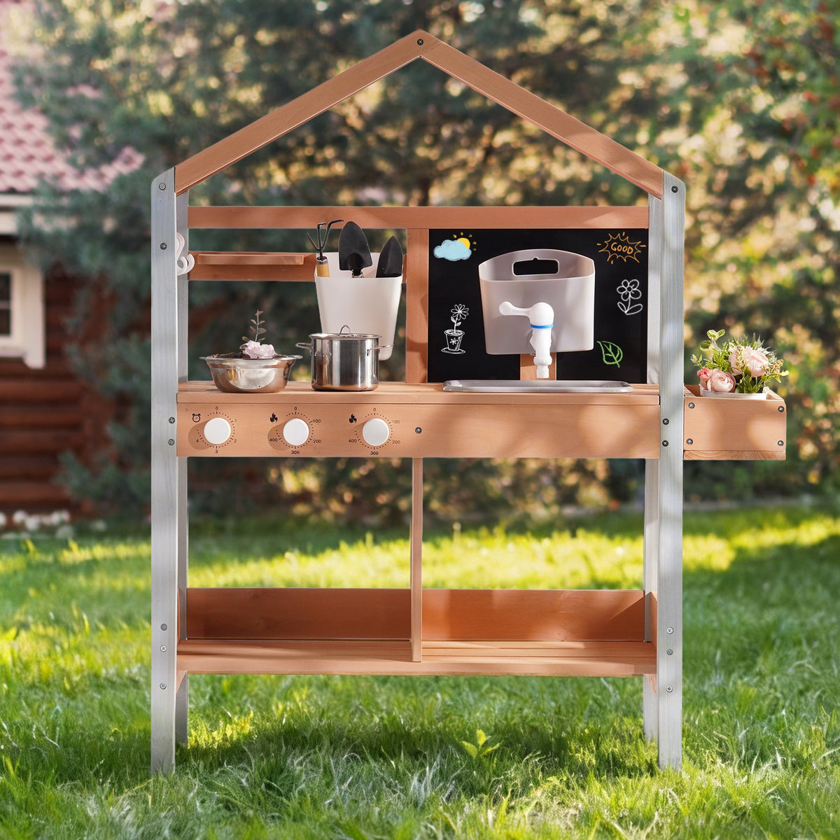 ROBUD outdoor mud kitchen with wheels and green striped awning showing product size callouts 40.15 inches wide with accessories and teal water tank