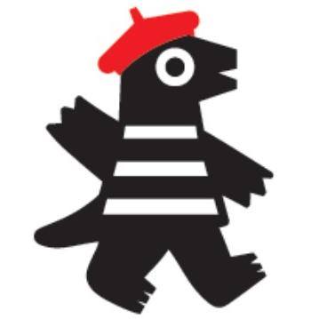 Robotime black cartoon mascot bird character wearing a red beret and white striped shirt walking forward on a white background logo illustration