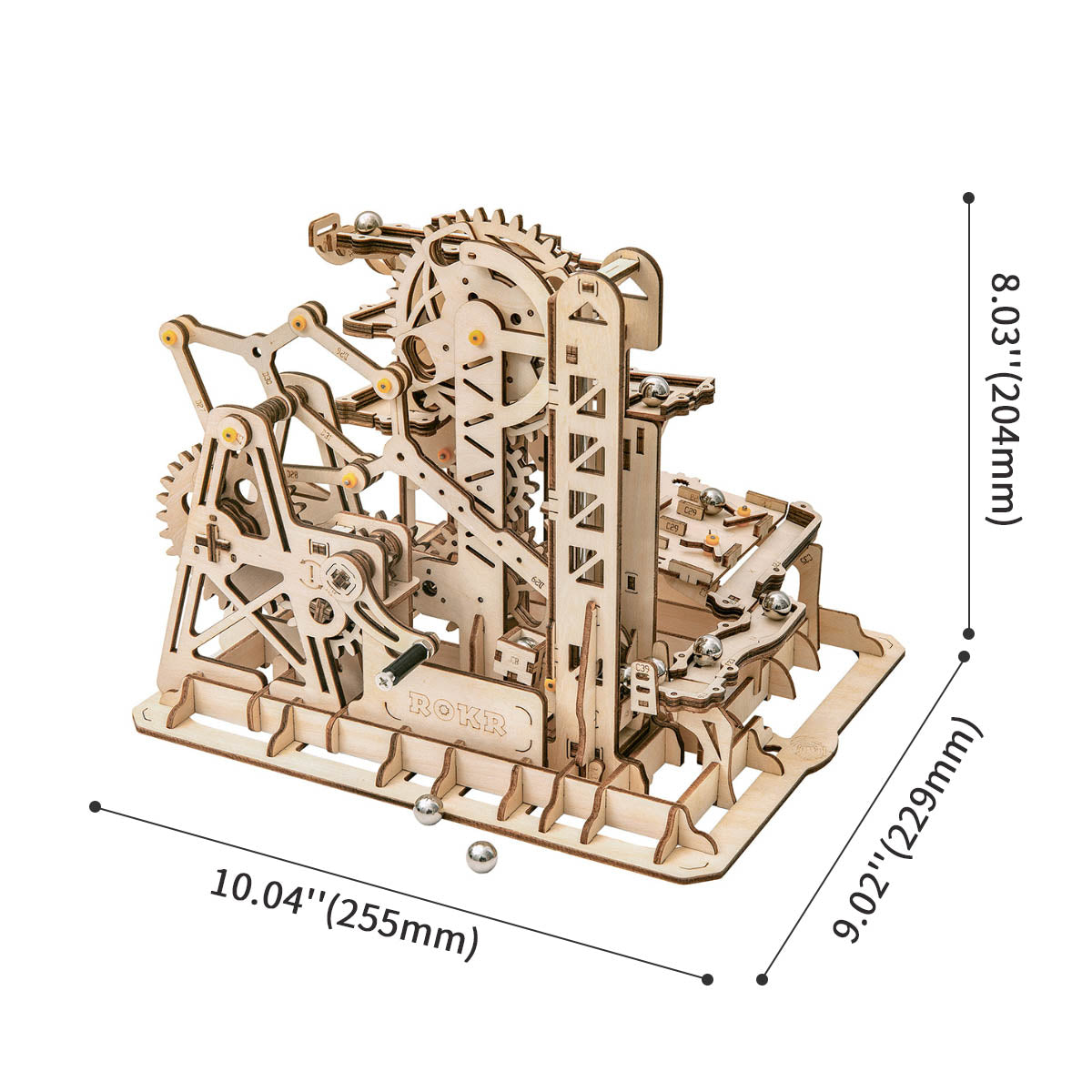 ROKR Marble Climber Fortress LG504: Maßzeichnung mit der Angabe 10 × 9 × 8 Zoll auf weißem Hintergrund
