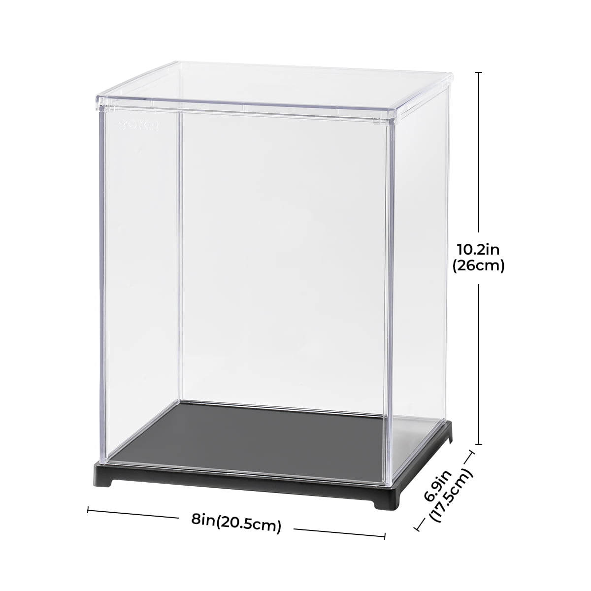 Robotime clear acrylic display case with dimensions 8 by 6 by 10.2 inches labeled for figure doll display
