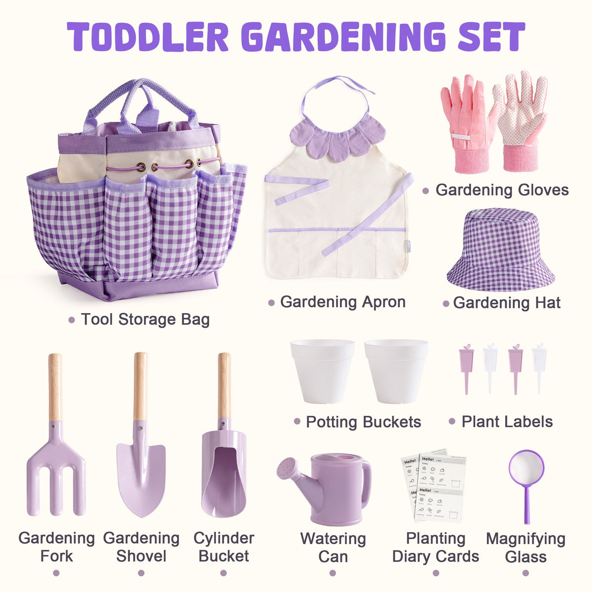 ROBUD Kids Gardening Set purple toddler set contents labeled diagram showing fork, shovel, bucket, watering can, magnifying glass, gloves and diary