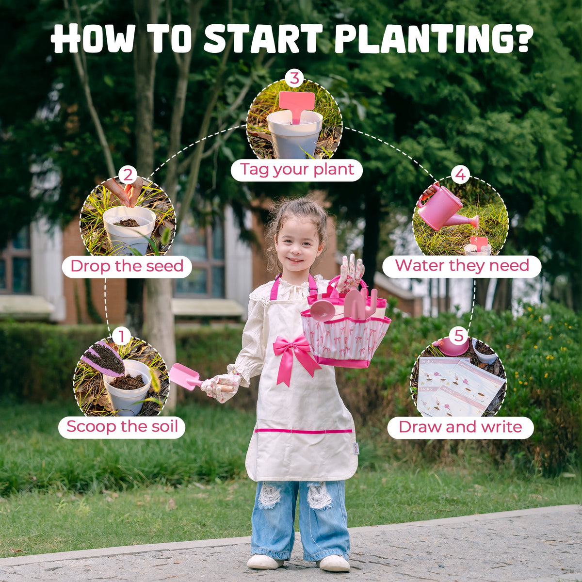 ROBUD Bow Gardening Set how to start planting guide showing steps to drop seeds, scoop soil, water and draw and write plant records