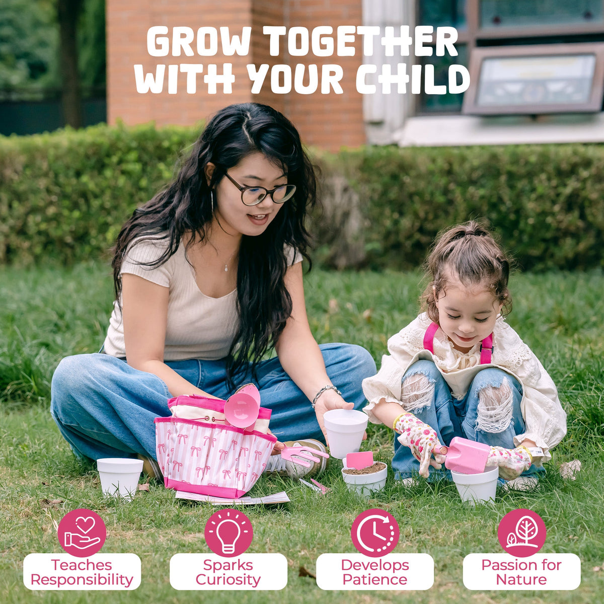 Mother and daughter sitting on grass growing together with ROBUD Kids Bow Gardening Set teaching responsibility, curiosity and patience
