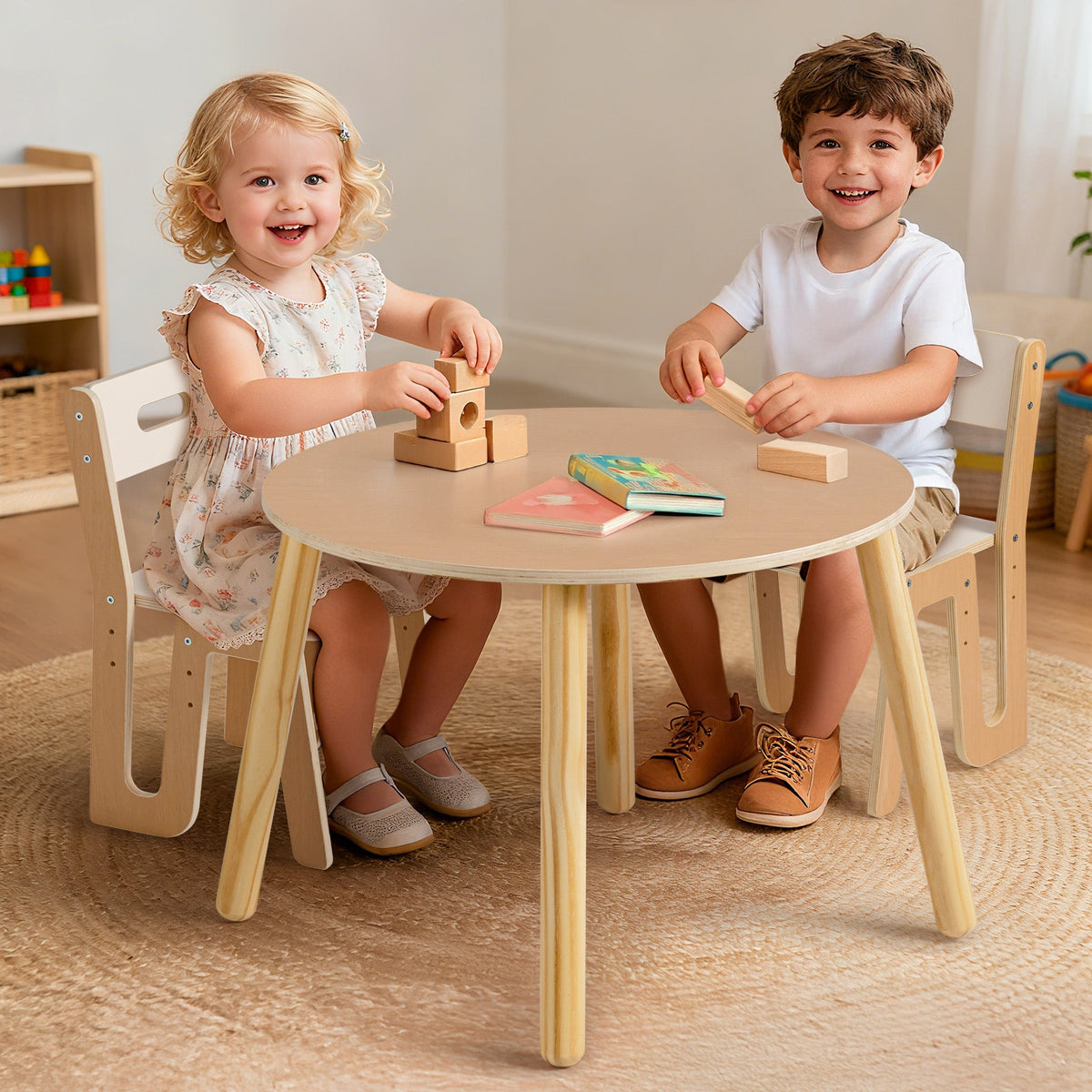 Two young children laugh while stacking colorful blocks together at the ROBUD natural wood round table and chair set.