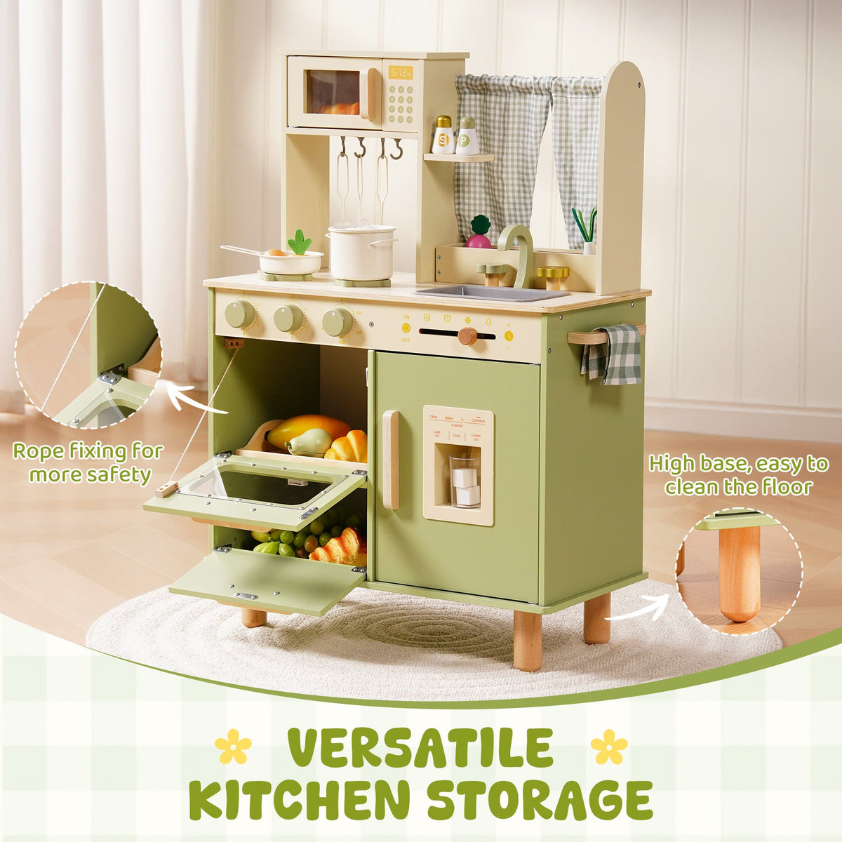 ROBUD sage green wooden play kitchen with open lower vegetable bin and upper shelves highlighted for versatile storage.