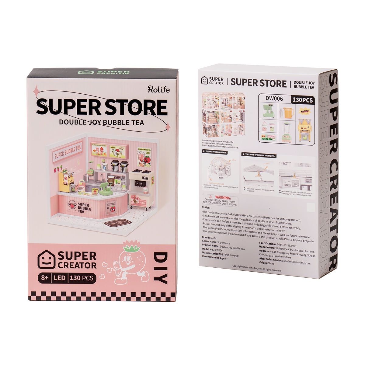 Rolife Super Creator Double Joy Bubble Tea DW006 DIY book nook miniature kit, interior cutaway showing inner mechanism