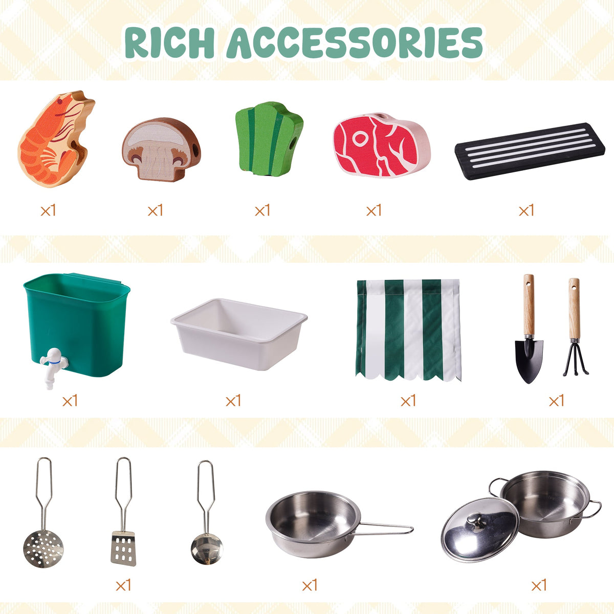 ROBUD wheeled outdoor mud kitchen with canopy and accessories shown outdoors with dimensions callout and full accessory set beside it