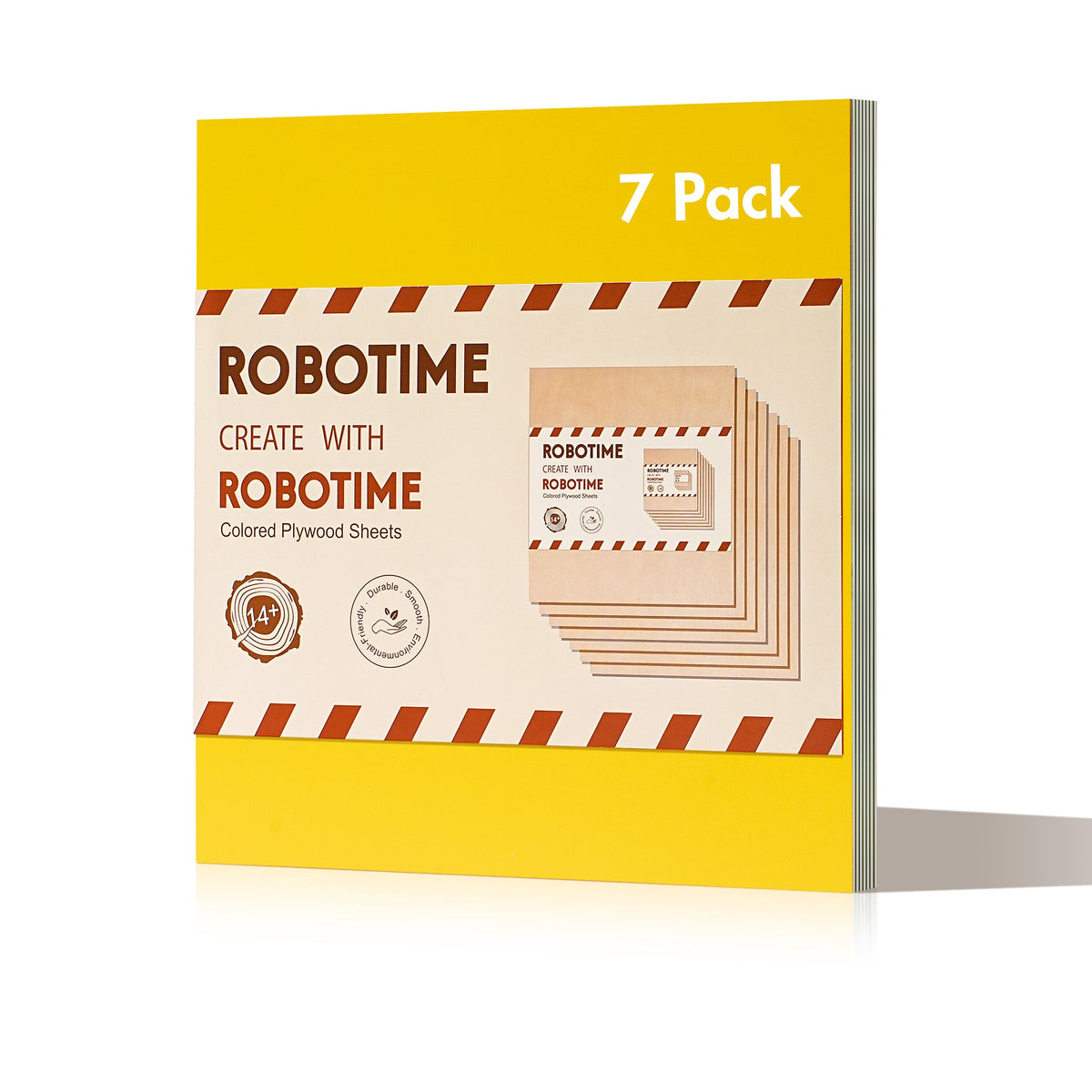 Robotime double-sided colored basswood sheets pack showing seven sheets fanned out with visible color layers on each board