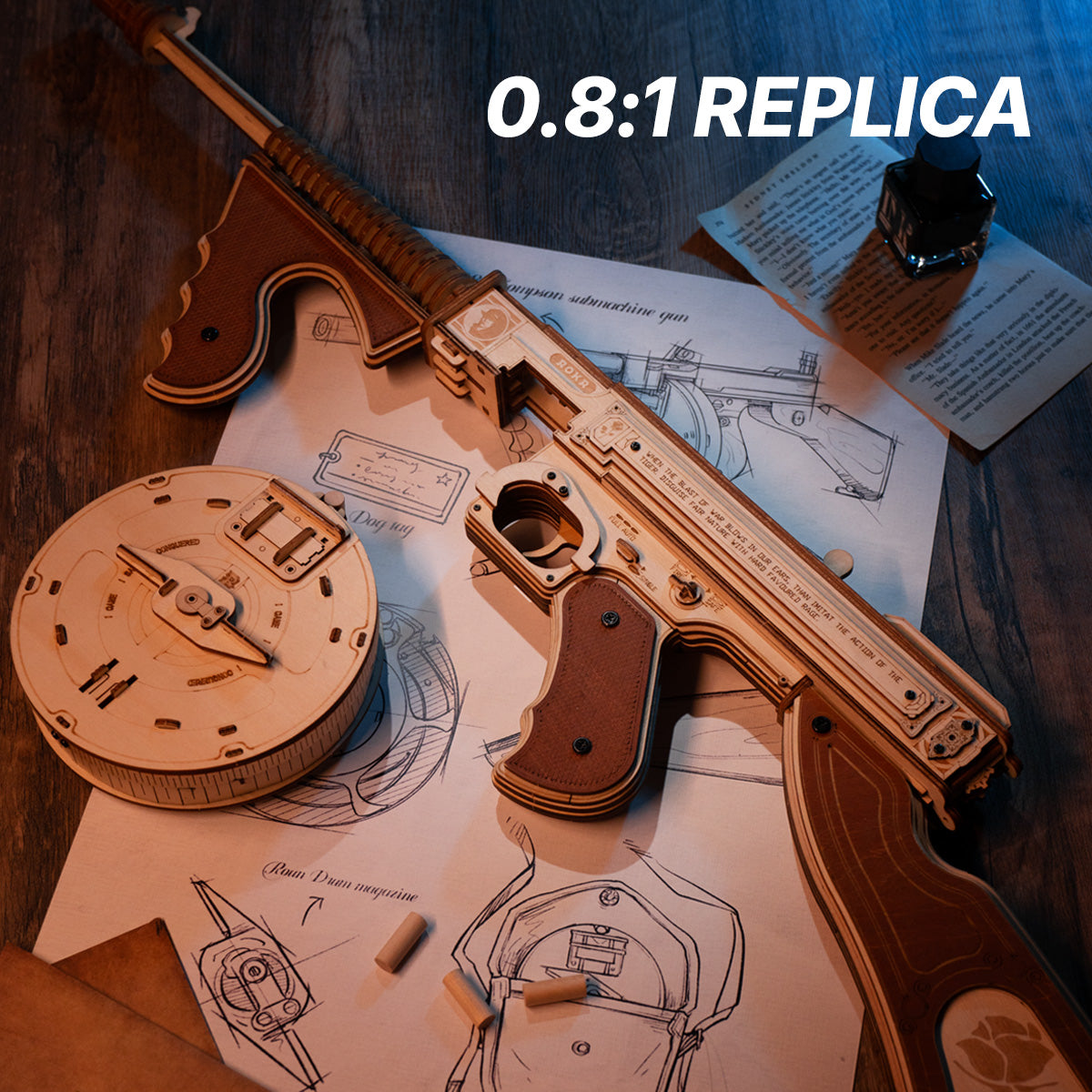 ROKR, Thompson Submachine Toy Gun, LQB01, 3D wooden toy gun puzzle, detail close-up