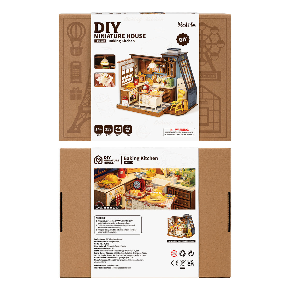 Rolife Baking Kitchen DIY Miniature House DG172 packaging showing the front and back of the kraft brown box with product name model number age rating and part count