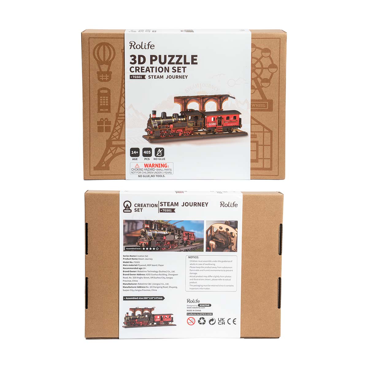 Rolife Steam Journey box front and back show train graphics and assembly details.