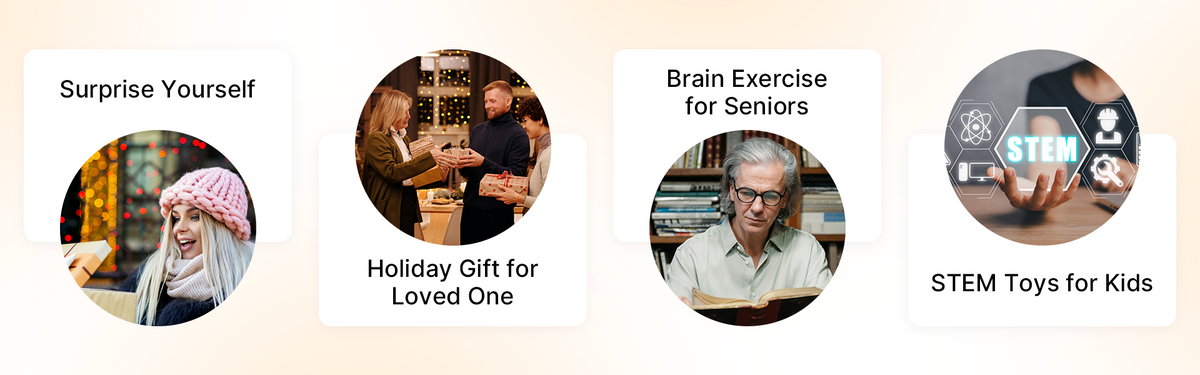 Robotime subscription box feature graphic showing four oval use-case portraits labeled Surprise Yourself, Holiday Gift, Brain Exercise and STEM Toys