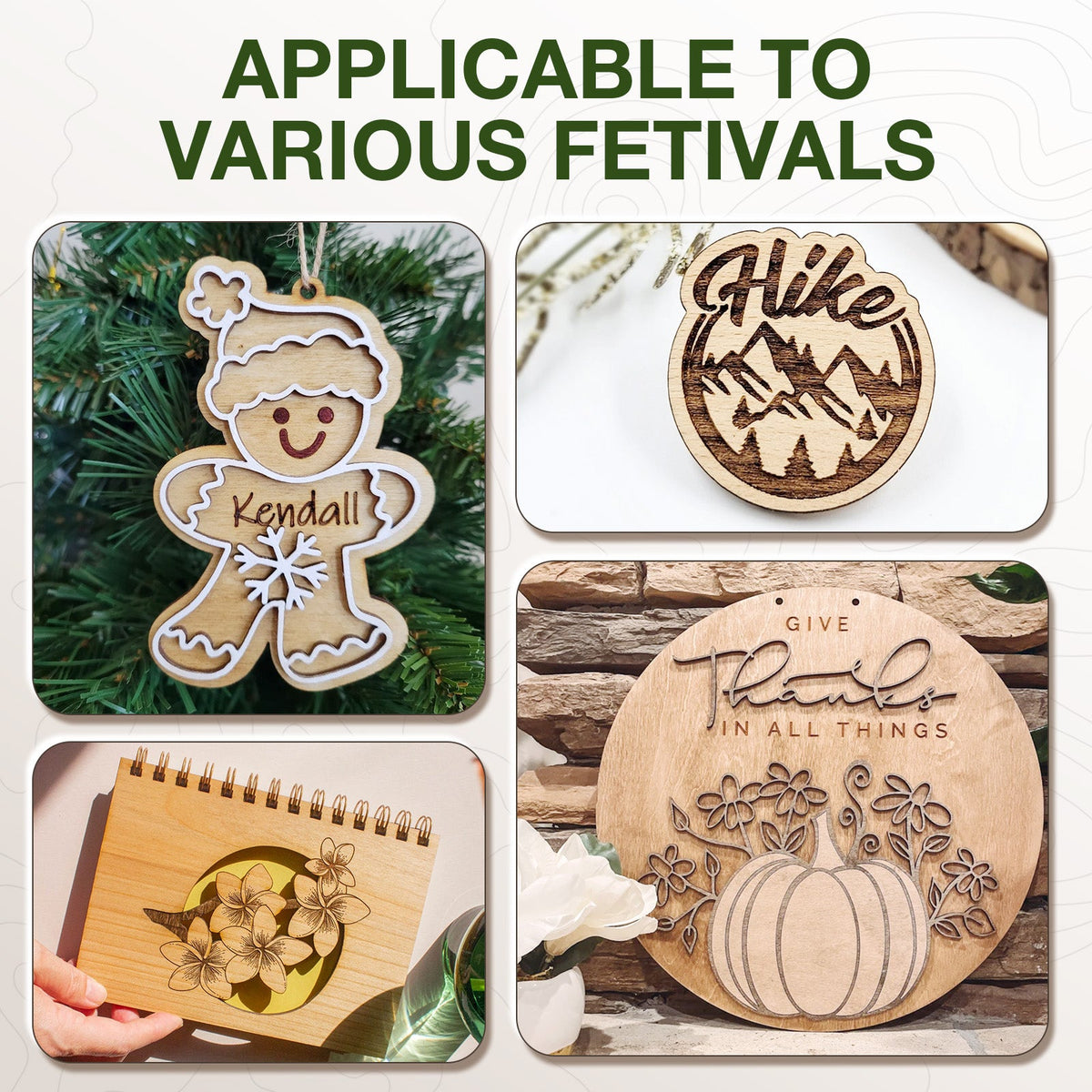 Robotime basswood plywood sheets festival decoration applicability infographic showing various project cut shapes for Christmas, Halloween and holiday crafts.