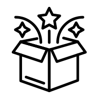 Black and white line icon of an open box with a star and sparkles representing an unboxing surprise element for Robotime collectible figures.