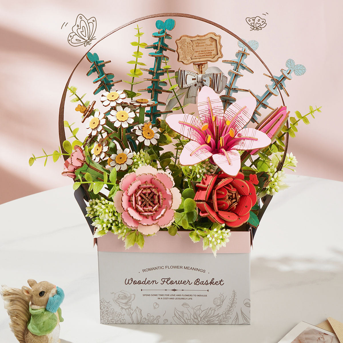 Rowood Dahlia Flower Basket wooden puzzle arrangement with lily, roses and wildflowers in a grey box with a hoop accent