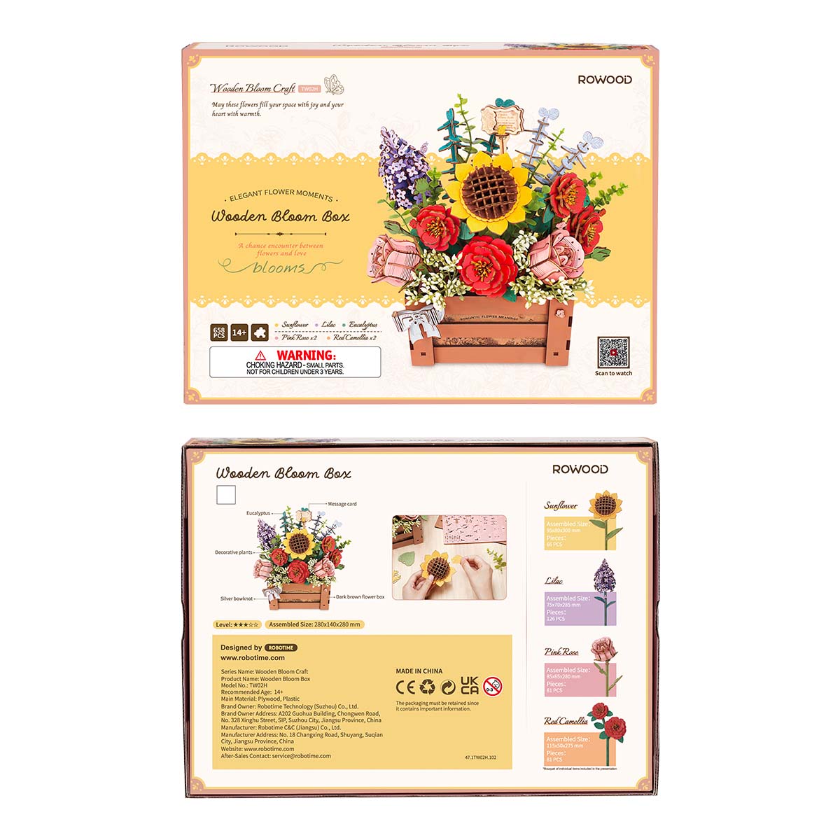 Rowood Wooden Bloom Box retail packaging showing box front with sunflower arrangement and back specs panel