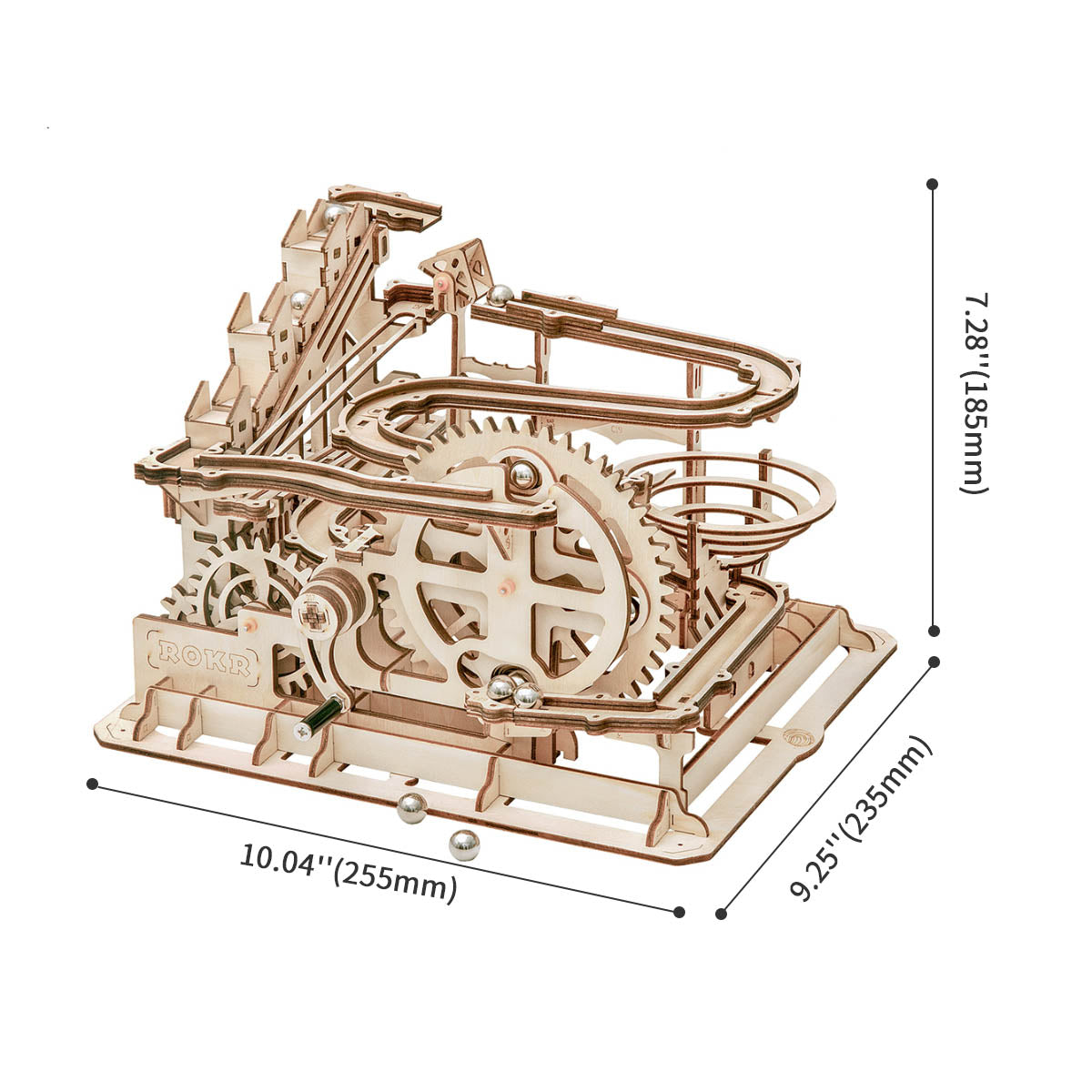 ROKR Marble Parkour LG501 outline diagram with dimensions labeled 10.04 by 9.25 by 7.28 inches