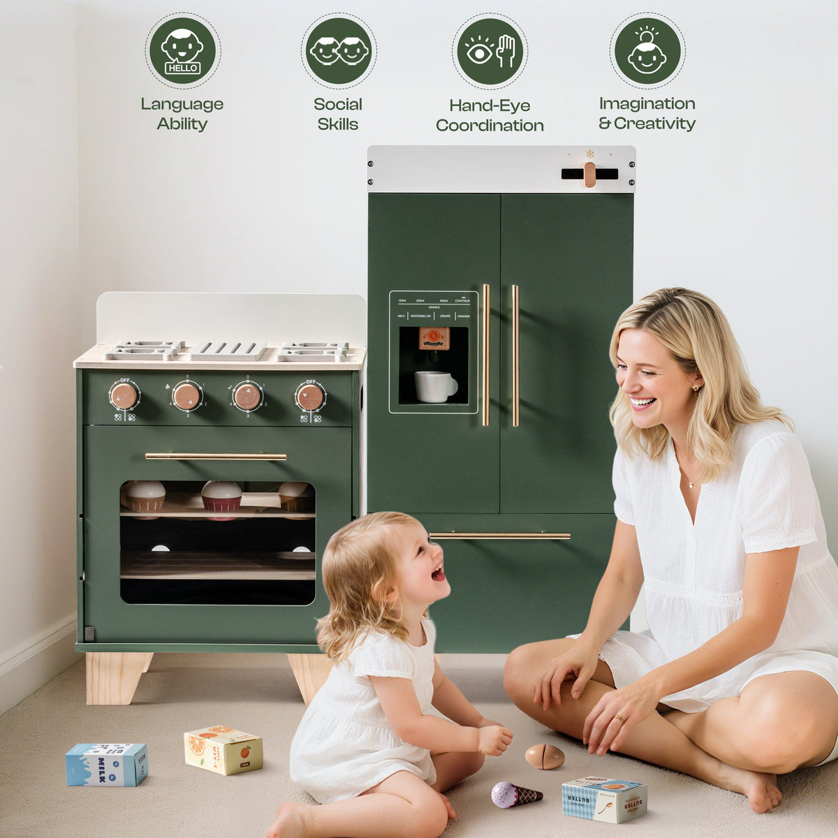Mother and toddler laughing beside the ROBUD vintage green play kitchen and oven set in a bright room with learning skill icons