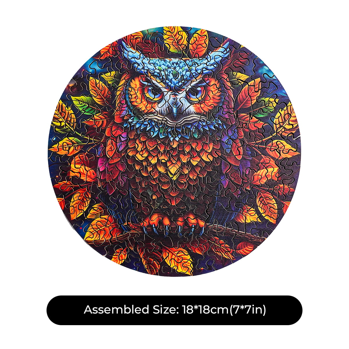 Assembled Robotime Moonlight Owl wooden jigsaw showing a vibrant owl perched among colorful autumn leaves
