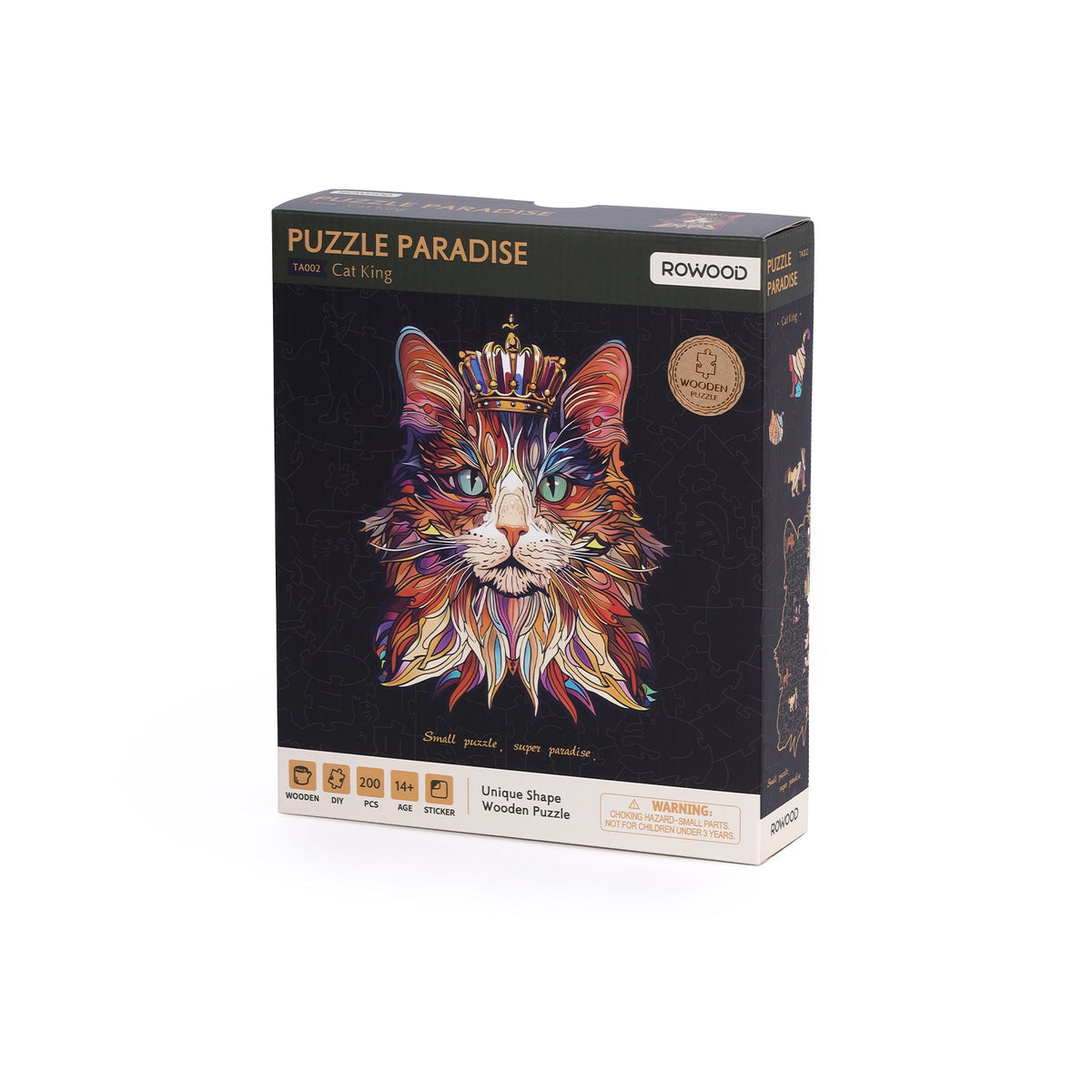 Rowood Cat King Puzzle Paradise box packaging standing upright on white, showing the colorful crowned cat portrait on a dark background.