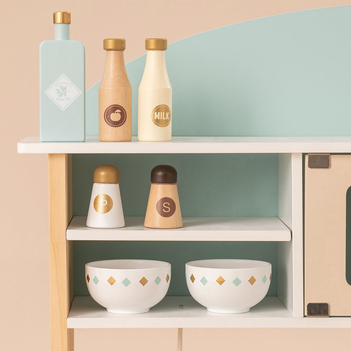 ROBUD WCF14 mint kitchen upper shelf close-up showing clock, microwave and wooden utensil hooks.