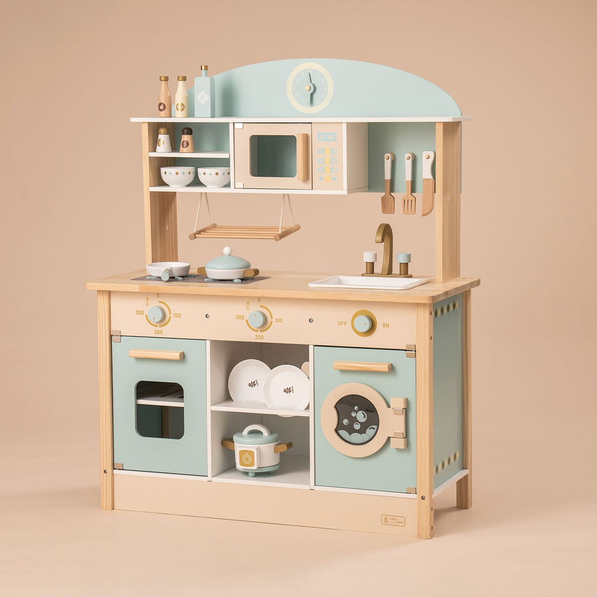 Robud green and gold kitchen playset full set showing sink, oven and rattan cabinet in light mint blue