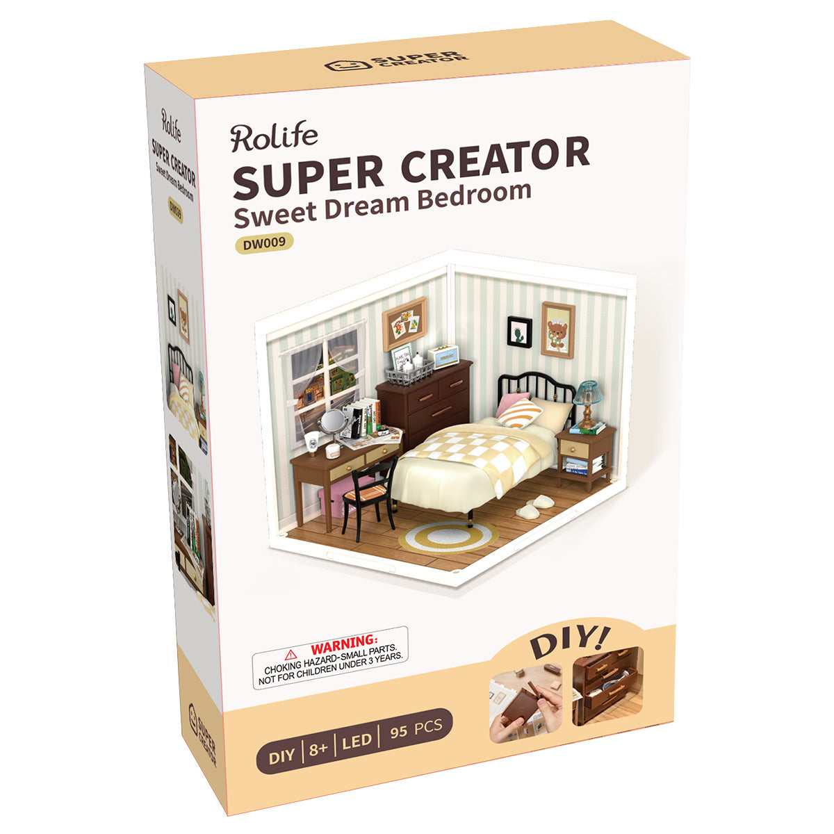 Rolife Sweet Dream Bedroom DW009 DIY book nook miniature kit, close-up of intricate laser-cut parts