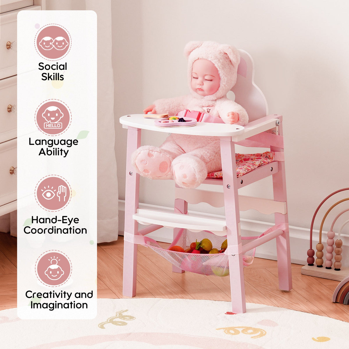 ROBUD wooden doll dining chair feature grid showing bunny backrest, floral seat cushion with safety belt, storage net and food tray accessories