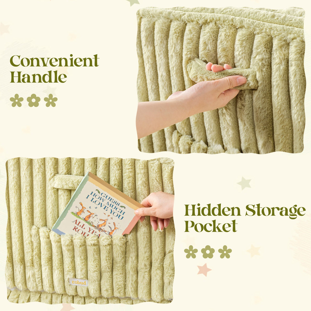 ROBUD children's sofa detail showing a convenient side handle and a hidden storage pocket with a children's book inside.