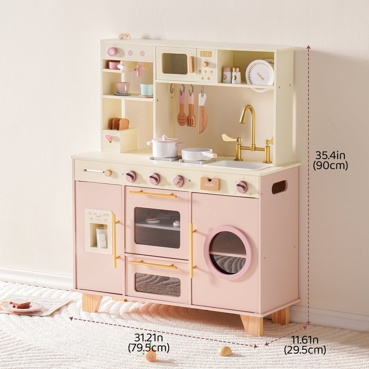 ROBUD Pink Baking Kitchen full-view showing pink and cream wooden play kitchen with refrigerator, washer and upper shelving unit