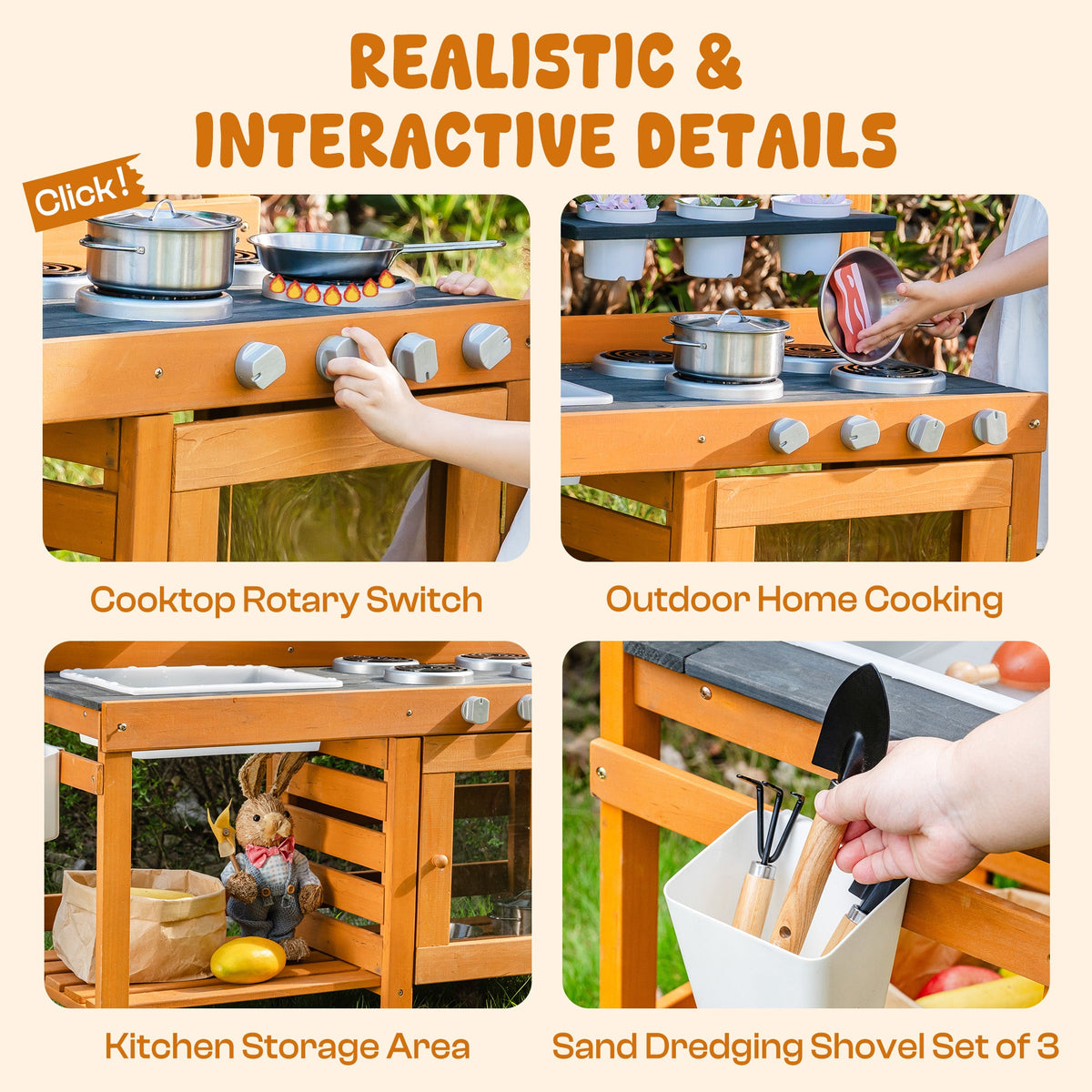 ROBUD Outdoor Mud Kitchen realistic interactive details showing cooktop rotary switch, outdoor home cooking surface, kitchen storage area and sand dredging shovel