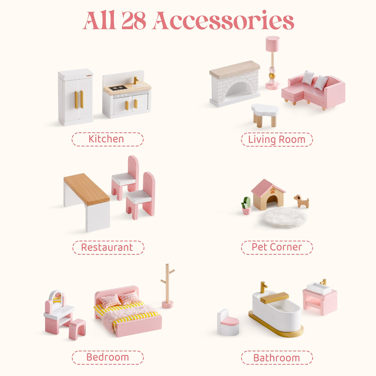 ROBUD Wooden Dollhouse Furniture Set Pink showing all 28 accessories grouped by room including kitchen, living room, restaurant and pet corner