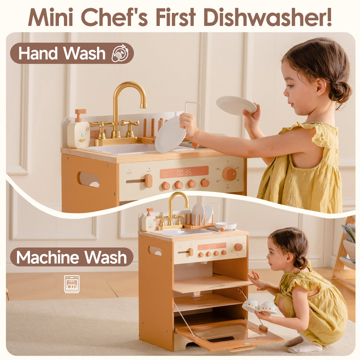 ROBUD Mini Caramel Dishwasher feature panel showing hand wash sink and machine wash compartment with lifestyle insets