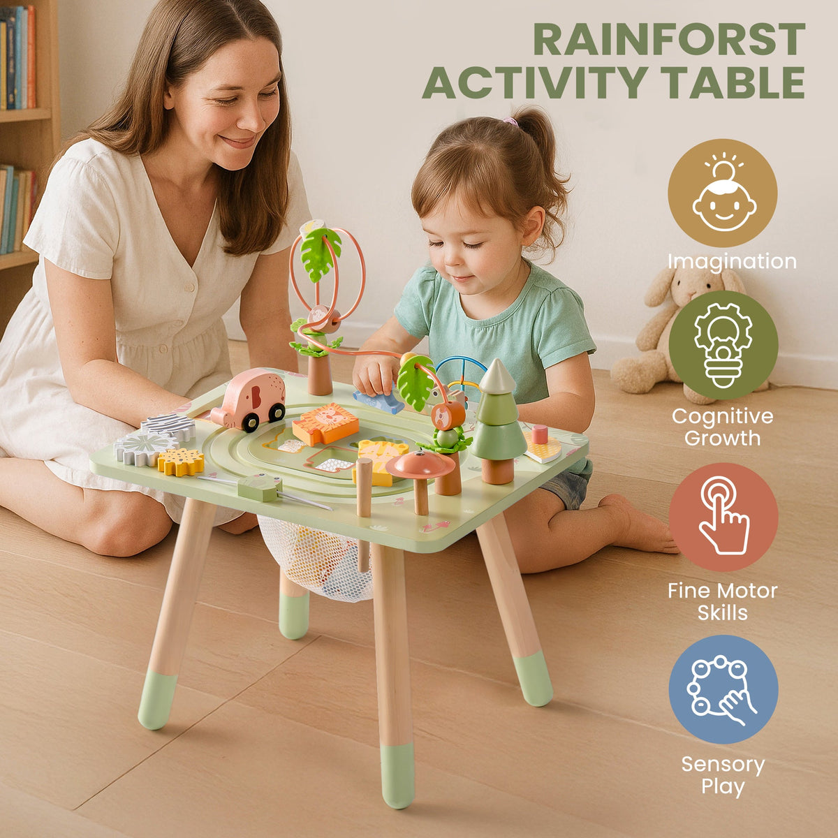 Parent and toddler playing together at ROBUD Wooden Rainforest Activity Table on a soft rug supporting fine motor skills