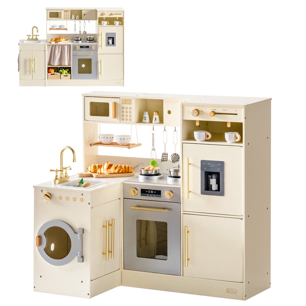 ROBUD all-in-one corner play kitchen in cream with washing machine oven microwave and refrigerator modules combined.