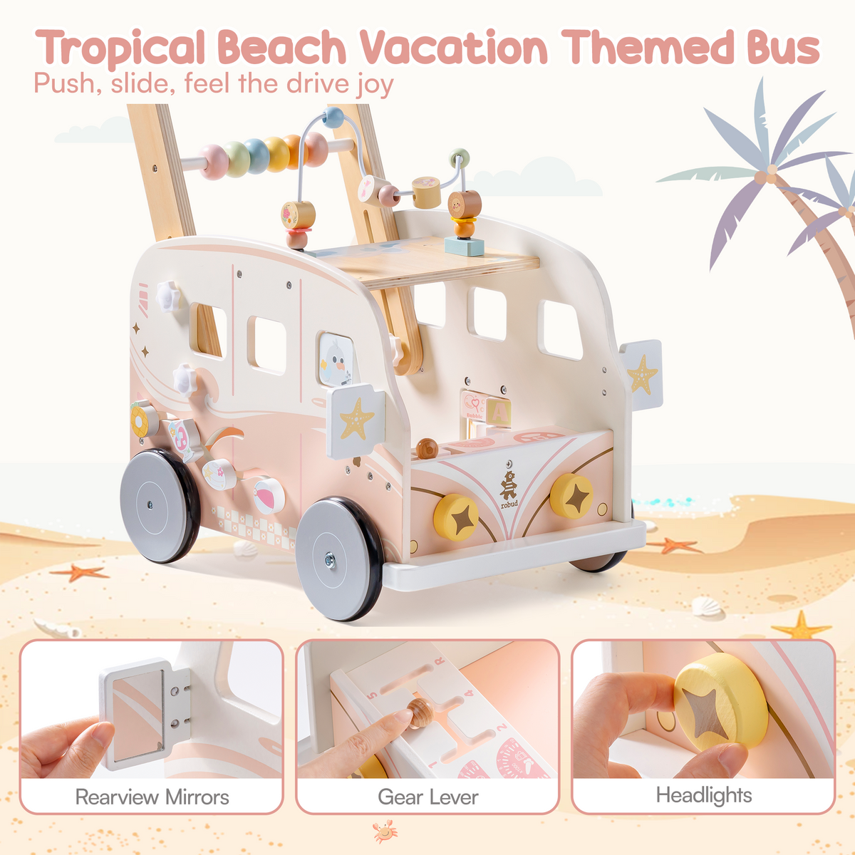 ROBUD pink vacation bus baby walker feature panels with rearview mirrors gear lever and headlight details highlighted.