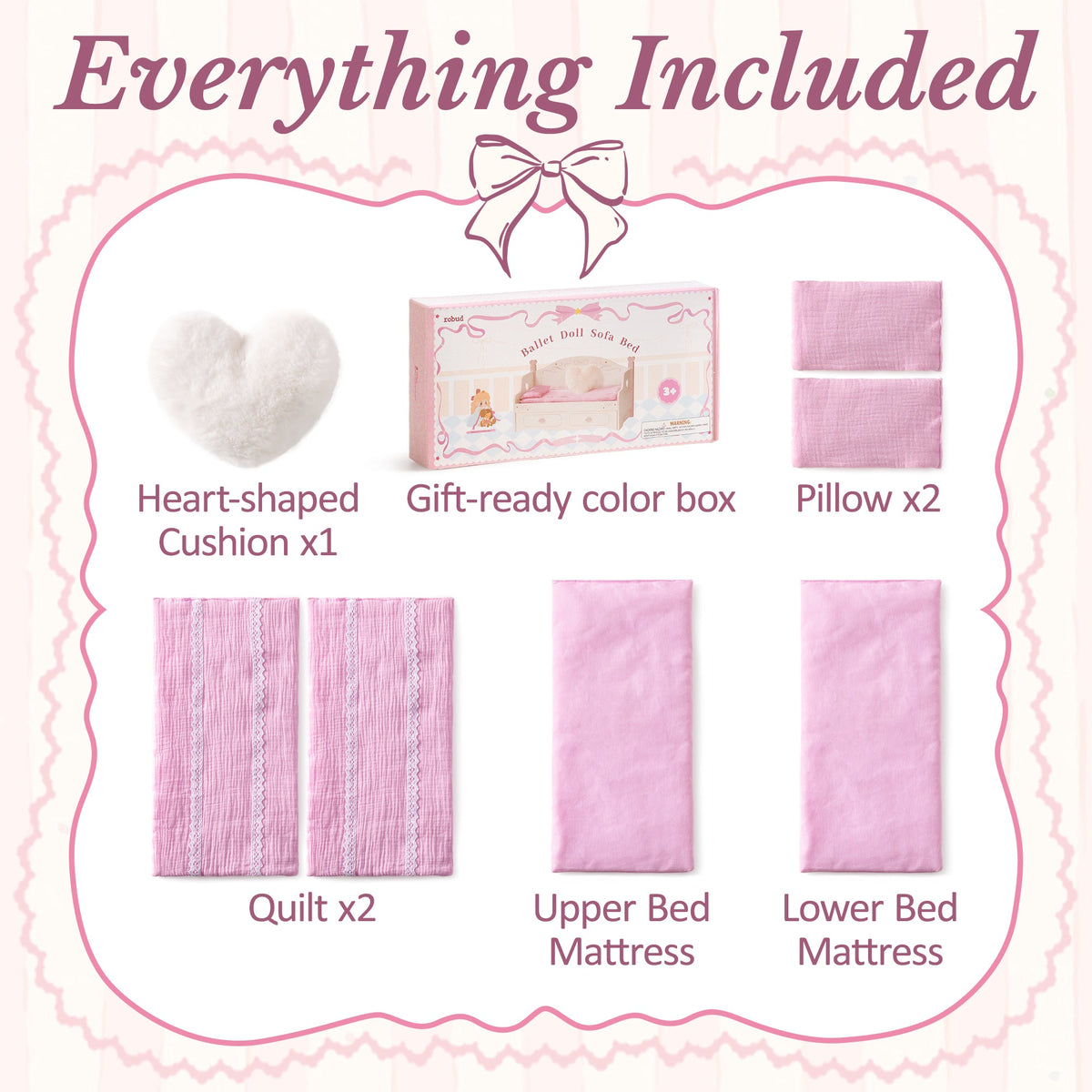 ROBUD pink doll bunk bed everything-included layout showing heart cushion, gift box, two pillows, two quilts, upper and lower mattresses
