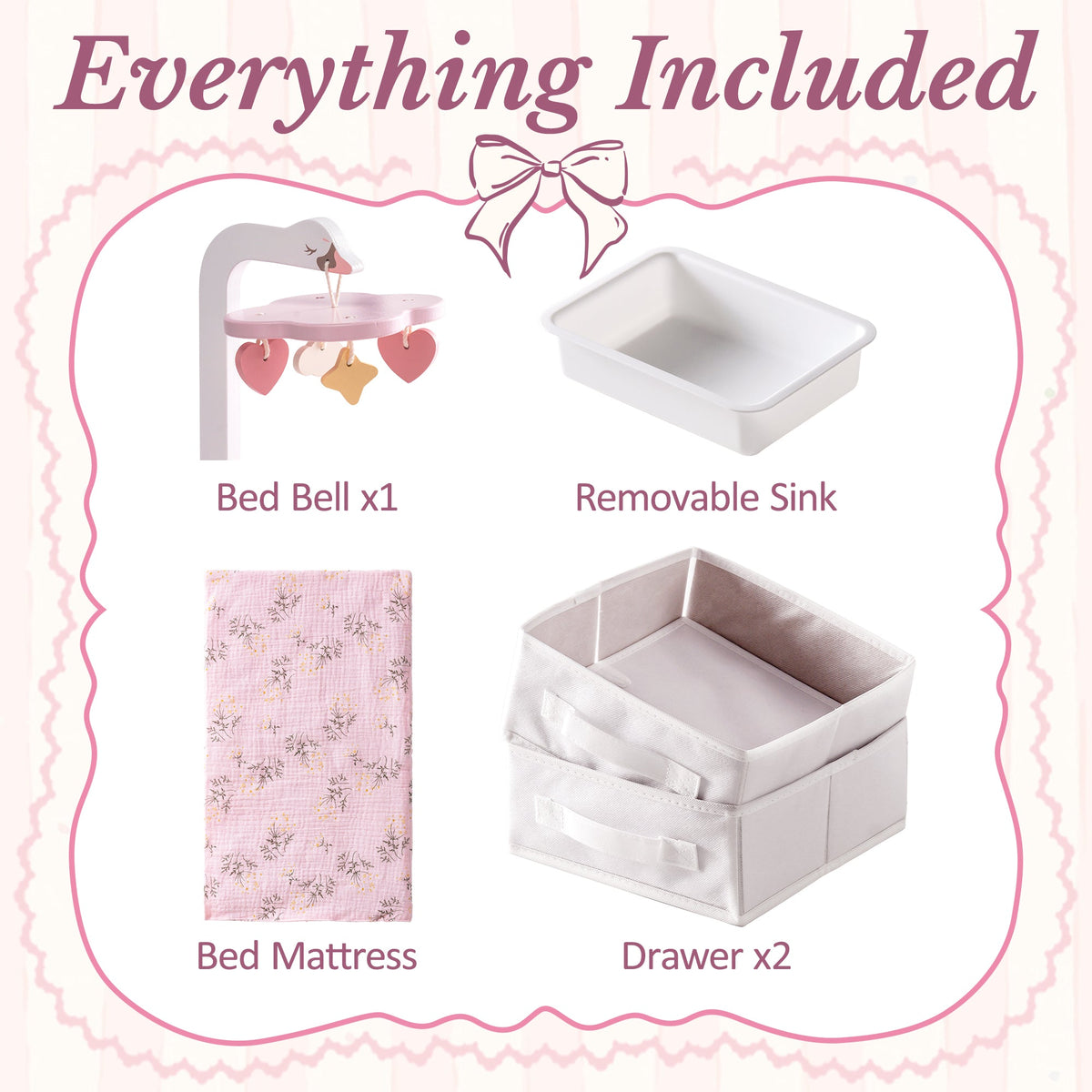 ROBUD doll changing table everything included: bed bell mobile, removable sink, floral-print bed mattress, and two fabric drawers